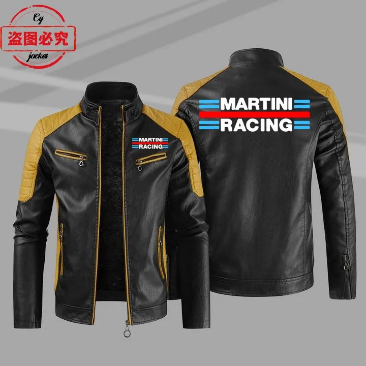 Martini Racing logo printed racing suit pu leather jacket windproof autumn and winter men's contrast leather jacket