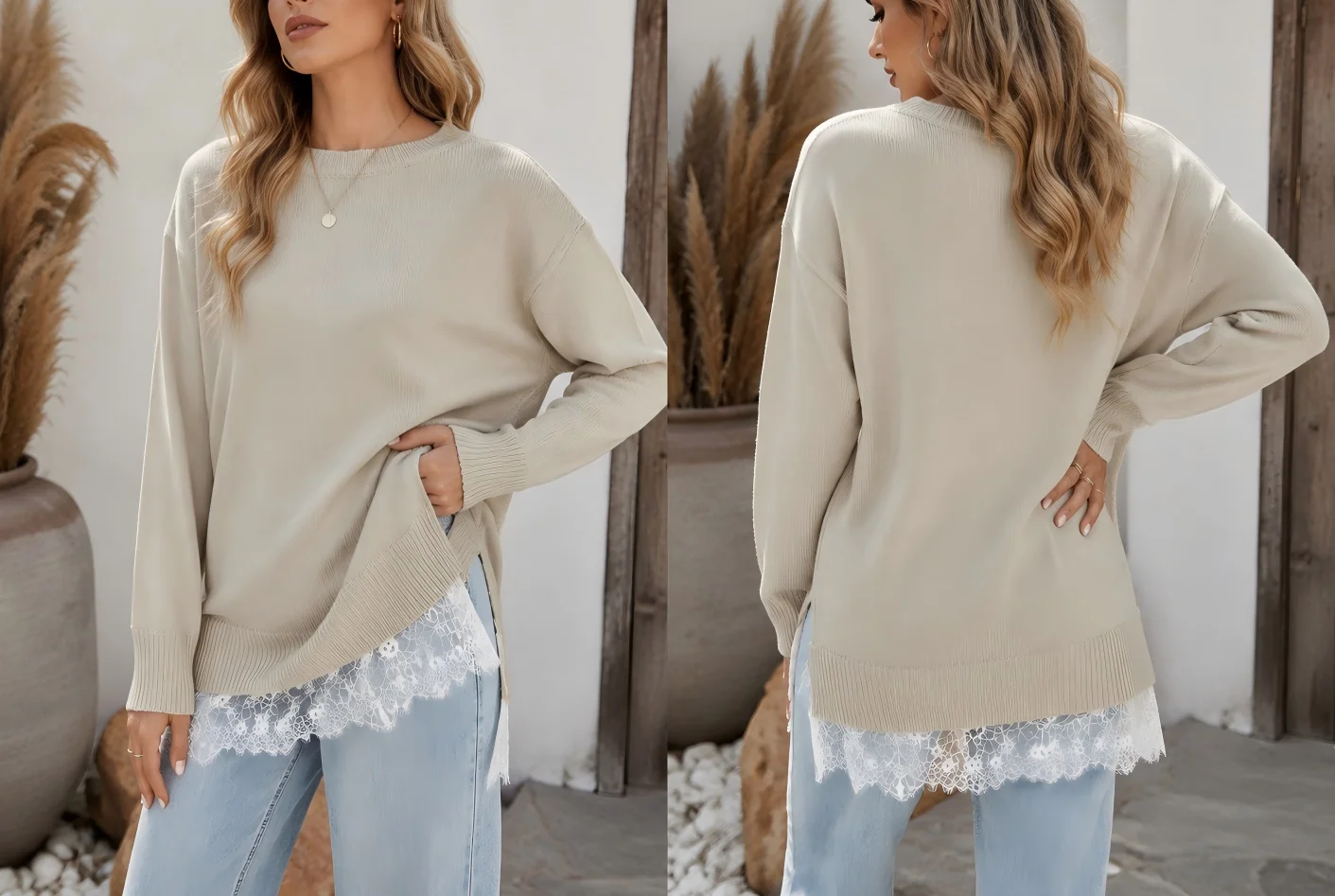 Women's Crew Neck Lace Hem Knit Sweater Plus Size Oversized Loose Fit Pullover Autumn Winter French Lazy Style view 5