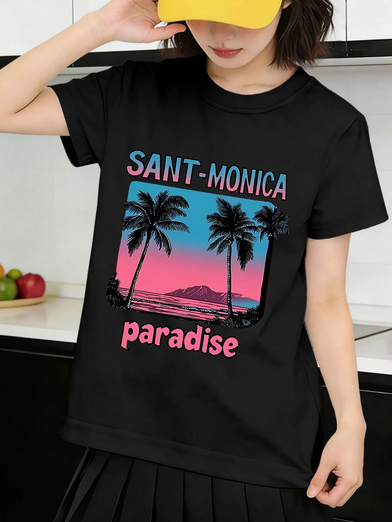 Cute Sant Monica Paradise Beach Print Graphic Kids Tee Boys Girls Family Matching Cotton Crew Neck Short Sleeve Soft Summer Tee