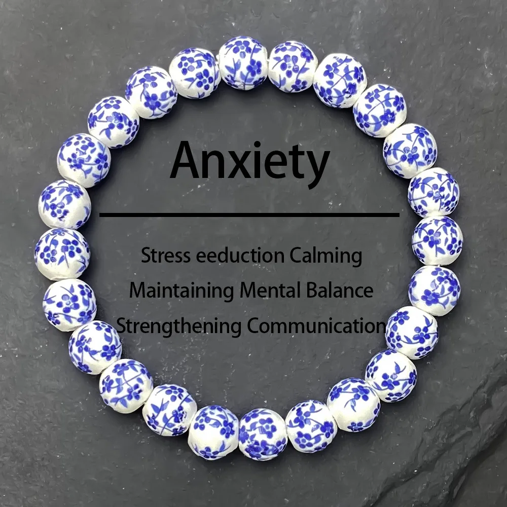 

Fashionable blue and white porcelain ceramic bead bracelet handmade elastic rope bracelet holiday gift