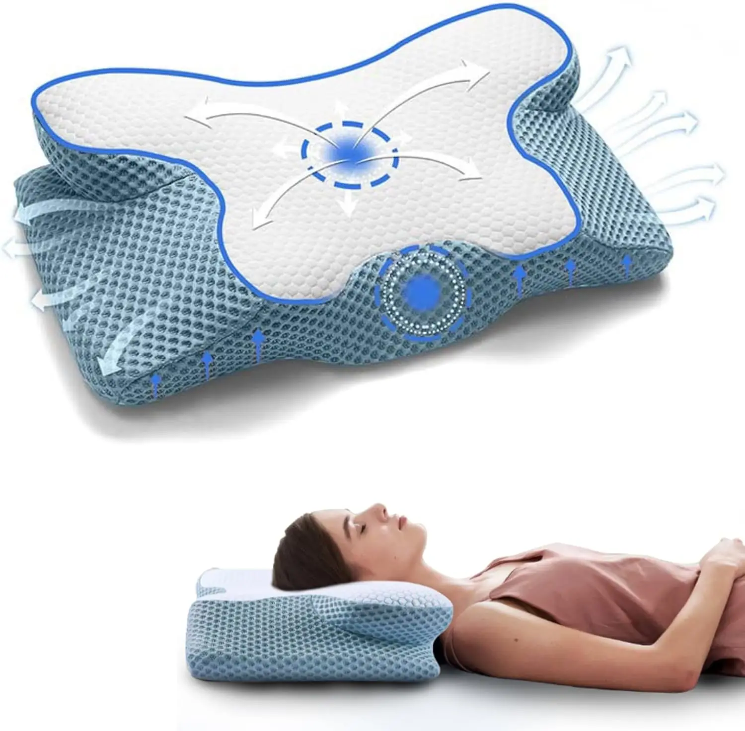 

Cervical Memory Foam Pillow, Contour Neck Support for Pain Relief, Ergonomic Orthopedic Pillow for Side & Back Sleepers (Blue/Wh