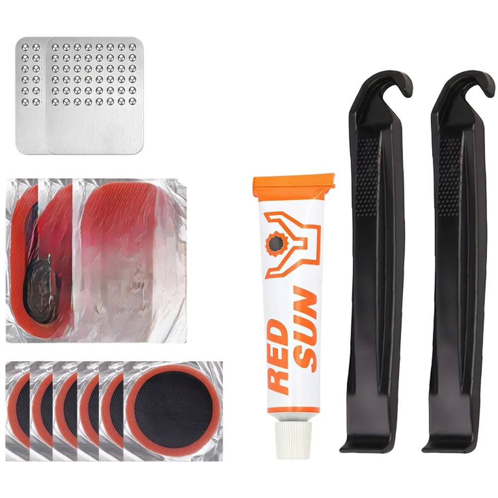Ready to Go Bike Tire Repair Kit with Glue Free Patches Tire Levers Sandpaper and Valve Tools for Outdoor Cycling