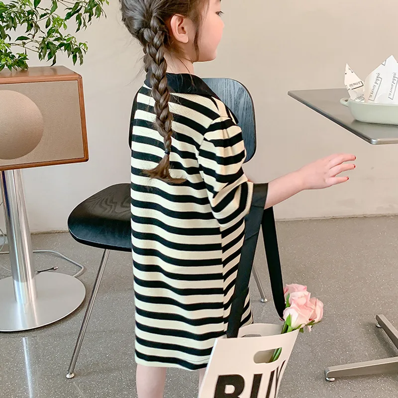 2024Girls' Striped Dress Summer Short Sleeve Thin Stretch ChildrenPOLOHanfu Long Robe Trendy Hair Generation