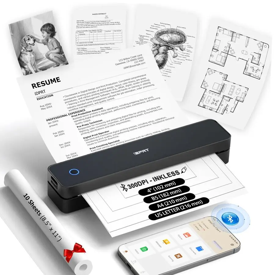 

Portable Printer for Travel, 300DPI Wireless Thermal Printer Support 8.5 x 11 US Letter, A4, MT610Pro Small Bluetooth Printers C