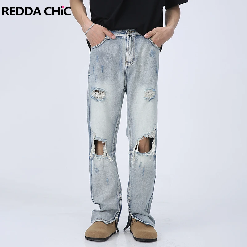 REDDACHIC Ripped Hole Men Denim Pencil Pants Blue Wash Do Old Low Waist Frayed Stitch Zipper Split Jeans Korean Vintage Clothes