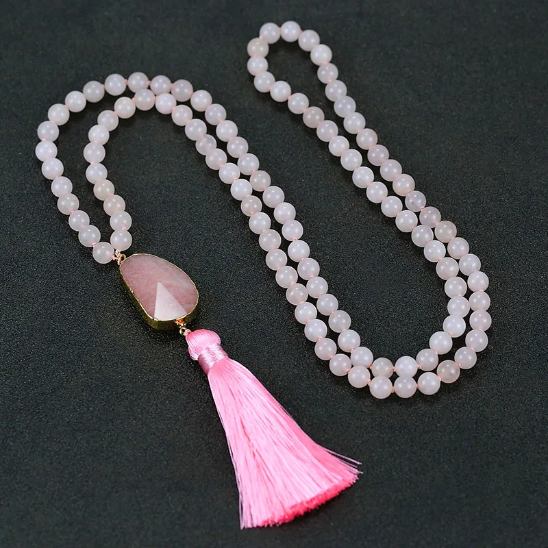 

Spring Summer New Bohemian Resort 8mm Natural Stone Knotted Necklace Crystal Bud Connected Tassel Necklace Sweater Chain