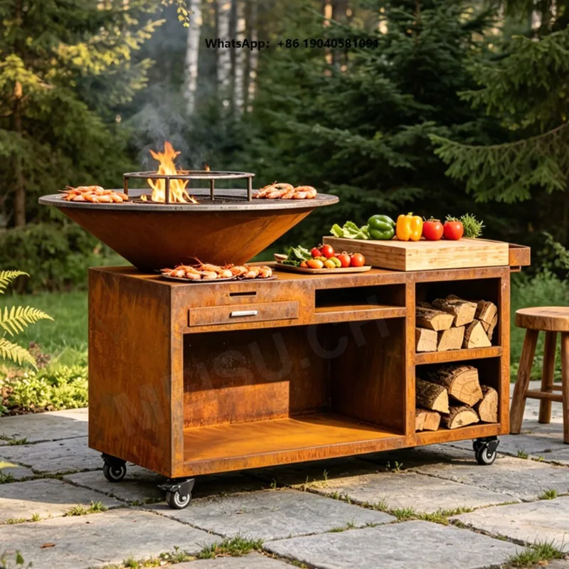MEISU.CH Outdoor Kitchen Grill BBQ Camping Barbecue Grills Garden Wood Fired Smoker Custom  Charcoal Corten Steel BBQ Grill