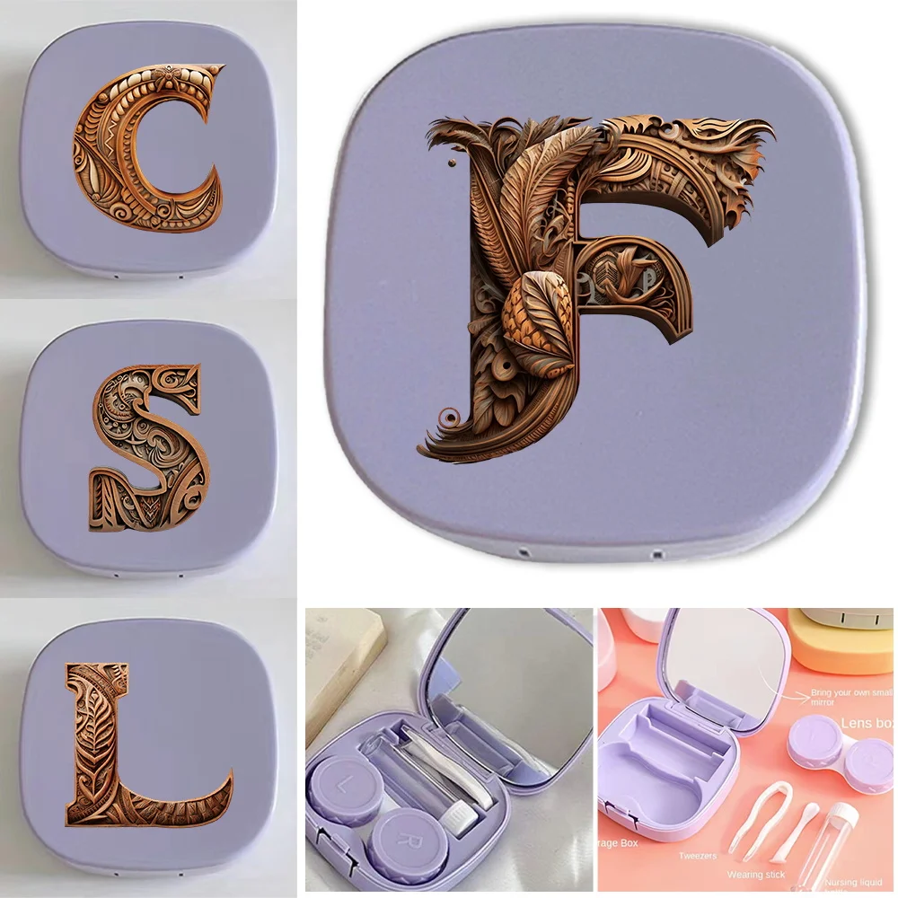 Color Contact Lens Box Portable Contact Lens Storage Case With Mirror & Suction Stick Care Liquid Bottle Wood Art Letter Pattern