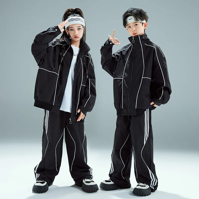 Boys Hip Hop Black Baseball Coat Street Dance Baggy Pants Girls Loose Jacket Kids Jazz Sport Clothes Sets Children Streetwear