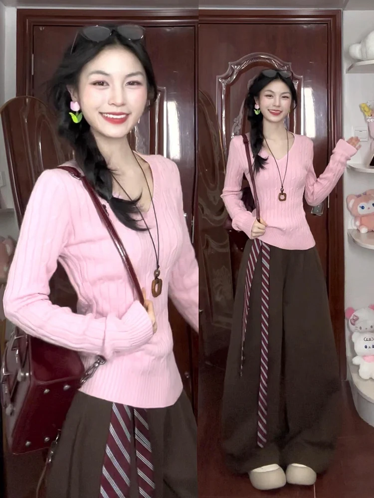 

Pink V-Ne Long Sve Knitted Sweater Women's Early Autumn New Korean Sle Slim Fit Base irt Top Fem Faion