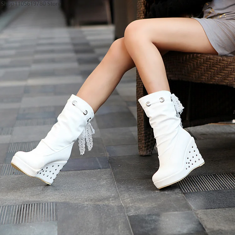 European Fashion Wedge High Heel Ankle Boots Women Sweet Lace Strap Lady Footwear Suitable For Cosplay Theme Party Outfit