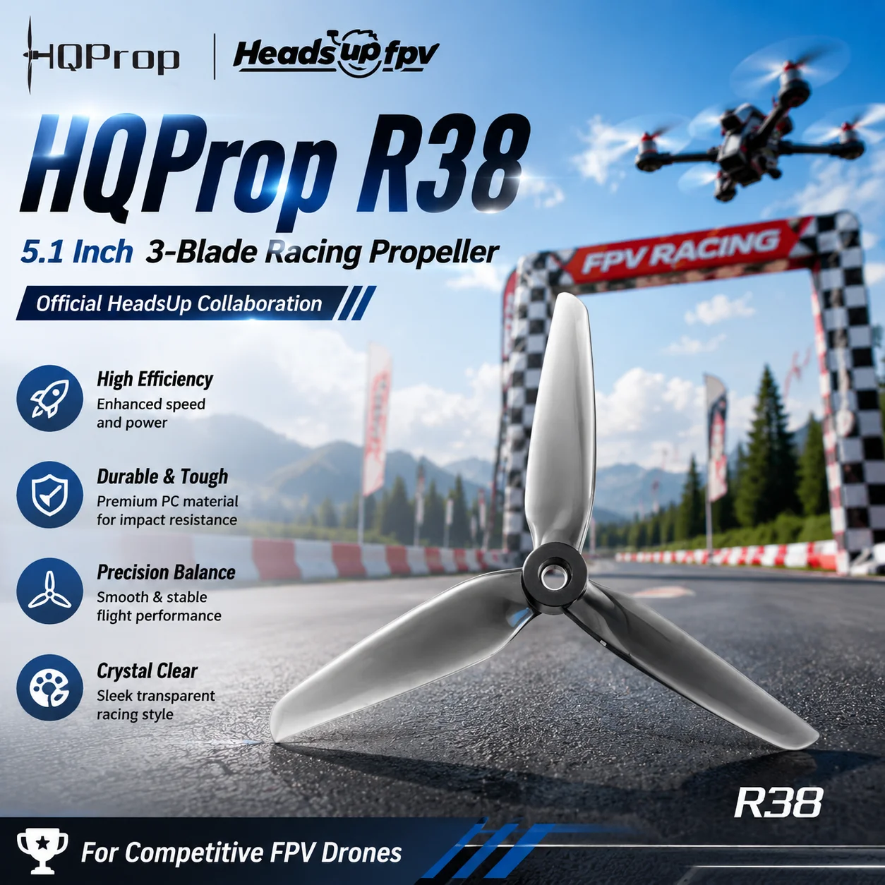 HQProp R38 5.1Inch 3-Blade Colorful Racing Propeller Official HeadsUp Collaboration for Competitive FPV Drones