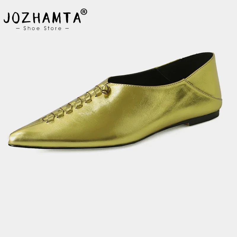 JOZHAMTA Ins Fashion Women Flats Shoes Real Leather Low Heels For Spring Shoes 2025 Pointed Toe Casual Daily Office Size 34-40