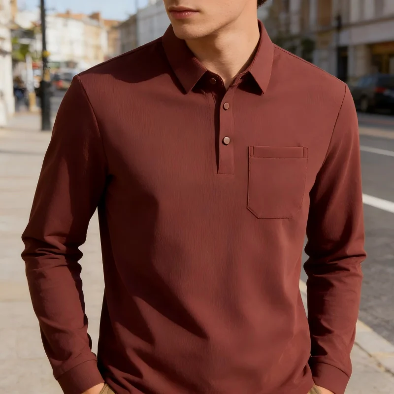 

Мужская рубашка-поло в стиле бизнес-кэжуал, футболка с длинным рукавом, весенняя однотонная рубашка с карманом, модный удобный топ, минималистичный дизайн
