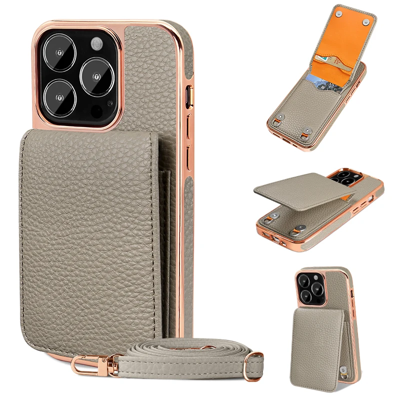 Vietao-Crossboby Grey Leather Wallet Card Slot Phone Case for iPhone 13, 14 Pro Max, 13Pro, 14 Pro, Luxury Lanyard Cover