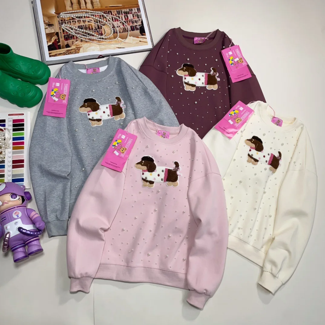 Autumn New Korean Loose Sweatshirts Women Original Design Heavy Industry Beads Towel Embroidered Puppy Patch Round Neck Tops