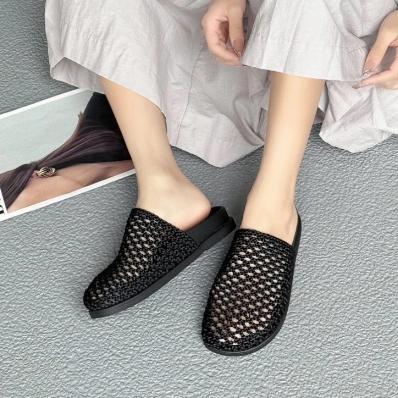 

CICIYANG Women's Slippers Closed Toe 2025 Summer New Flats Slippers Non-slip Large Size Fishing Net Woven Slippers for Female