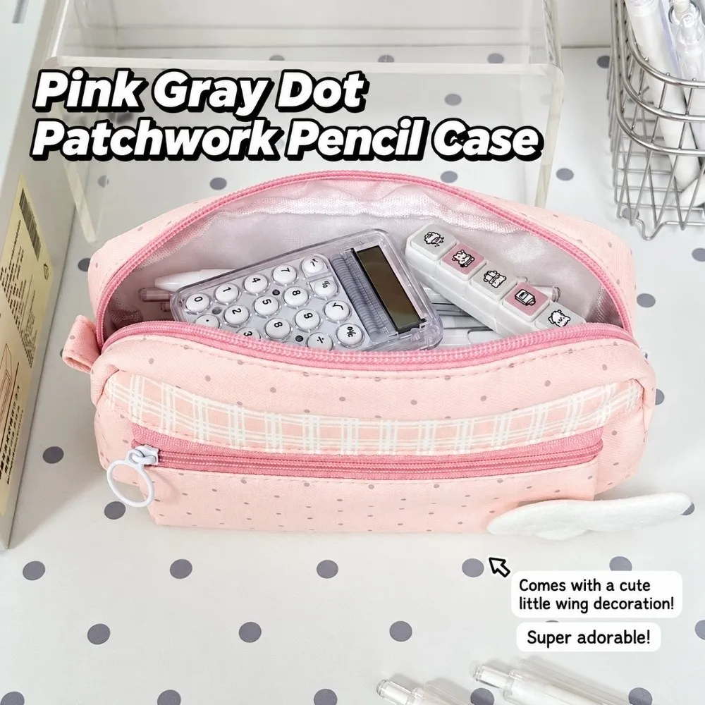 Polka Dot Print Pencil Pouch Plaid Splicing Large Capacity Pencil Case Multi Compartment Stationery Storage Bag School Supplies