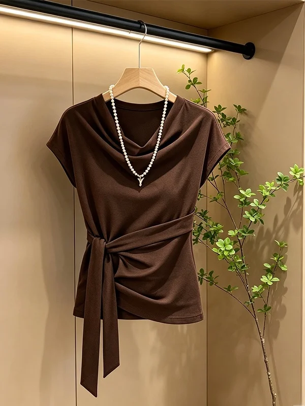 

Fashionable plus Size T-Shirt Women's Summer New Style Vintage Waist Cinching Slimming Top Korean Style Commute Wind Short Sl...