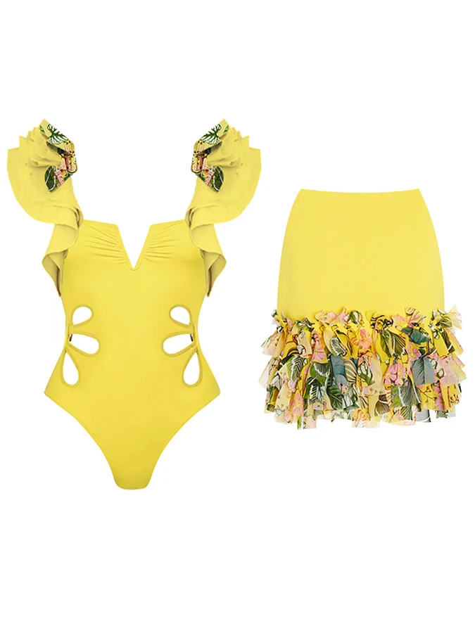 

Fashion Yellow Solid Color Women's One-piece Swimsuit Lace Pleated Waist Hollowed Out Youth Vacation Bikini And Tassel Covering