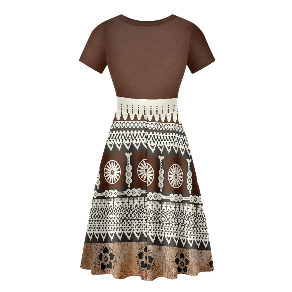 Polynesian Tribal Clothes Samoa Fijian Masi Tapa Print Short Sleeve O-Neck Casual Women Brown Dresses Summer 2023 Office Wear