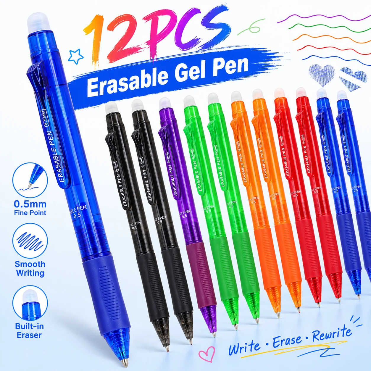 12pcs Press Erasable Gel Pens Set,0.5mm Washable Handle Erasable Magic Pen Refills,for School Office Writing Stationery Supplies