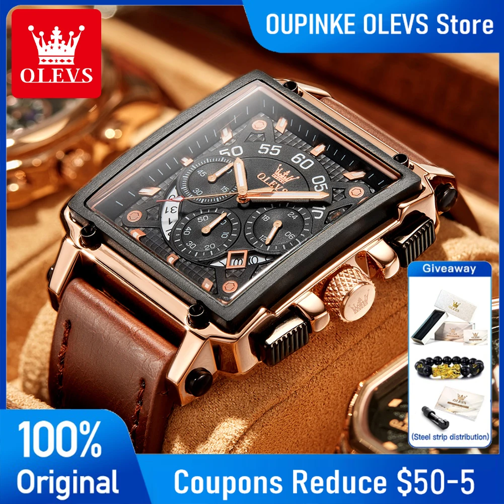 

OLEVS Watches Man 9919 Leather Strap Square Quartz Watch Waterproof Luminous Sports Chronograph Watches For Men Gift Box Reloj