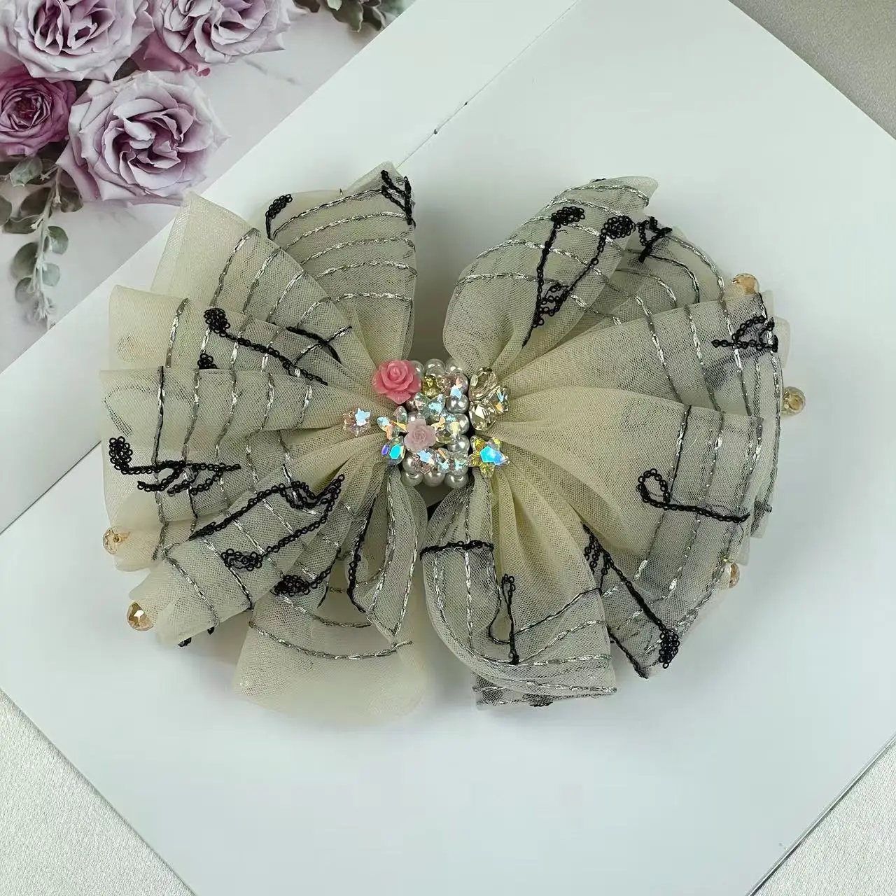 Horquilla original resistente con satén, diamantes de imitación, lazo de malla, accesorio para el cabello con clip de resorte elegante y dulce