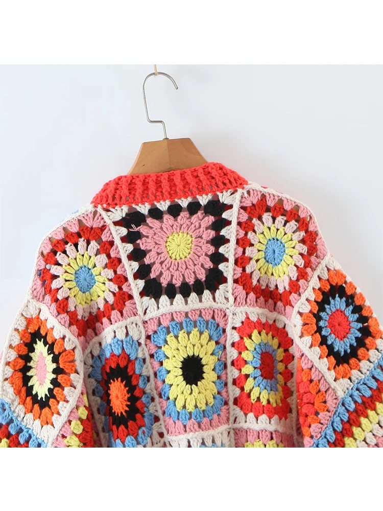 YENKYE New Autumn Women Multicolor Hand Made Crochet Flower Plaid Boho Crop Cardigan Sweater Vintage Batwing Sleeve Loose Coat