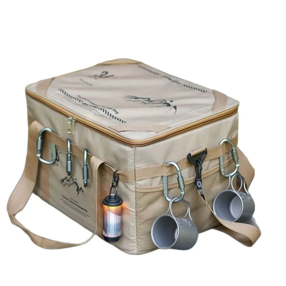 Thermal Insulated Picnic Cooler Bag 21L Khaki Waterproof Oxford Large Capacity Camping Storage Bag With Hanging Hooks For