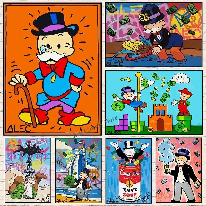 كارتون نابض بالحياة أليك مونوبولي المليونير المال الكتابة على الجدران قماش جدار الفن نمط الشارع المشارك يطبع لأفكار الهدايا ديكور الغرفة #1