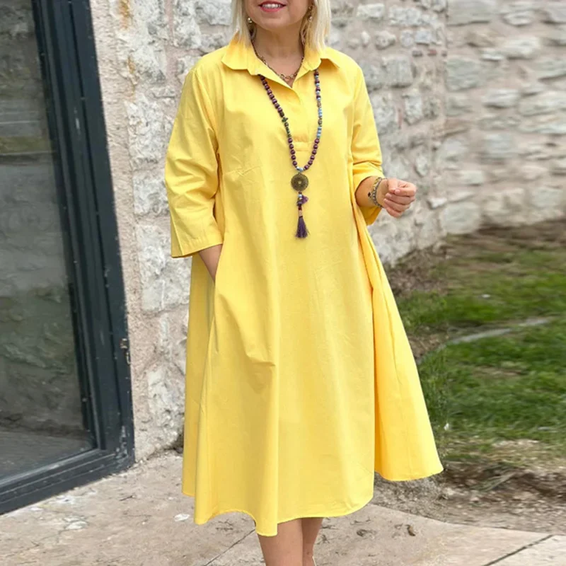 Lente Zomer 3/4 Mouwen Losse Shirt Jurk Kantoor Dame Revers Zakken Effen A-lijn Jurk Eenvoudig Temperament Woon-werkverkeer Midi Jurk