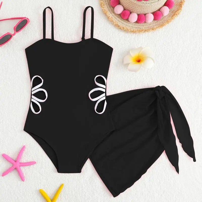 Children Girls One-Piece Swimsuit with Mesh Skirt 7-16 Years Kids Cut Out  Swimwear Teens Bathing Suits image 5