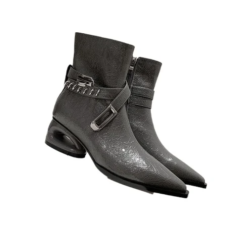 

Autumn and Winter New Women's Boots with Buckle Tip Heel Side Zipper Grey Brown Black Fashion Women's Casual Work Short Boots