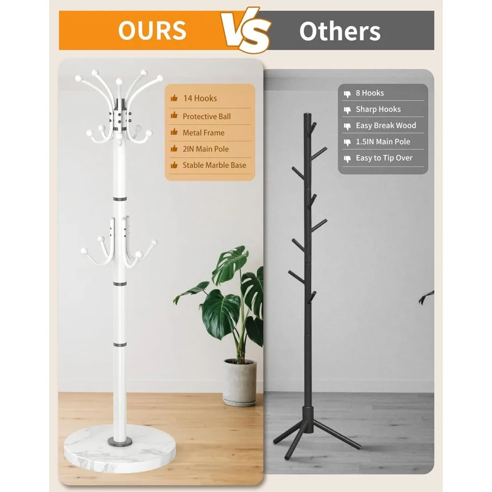 360 °   رف معطف معدني دوار بقاعدة من الرخام الطبيعي، ورف معطف أبيض قائم بذاته وخطافات، وتصميم حديث لمدخل المنزل