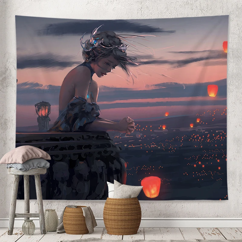 

Anime Girl Illustration Tapestry Wall Hanging Kawaii Bohemian Style Aesthetics Room Dormitory Home Decor