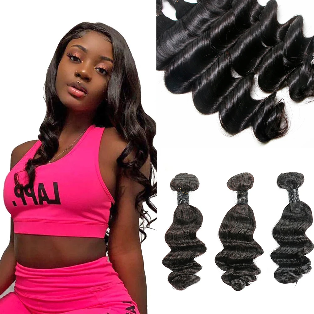 

16 Inch Human Hair Bundles Loose Wave Bundles Brazilian Hair Weave Bundles Human Hair Natural Color Double Weft Hair Extensions