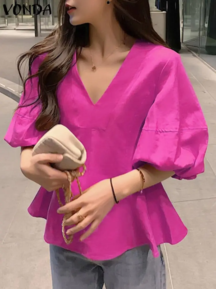 VONDA Office Tops Women Office Shirts 2024 Sexy V Neck Lantern Sleeve Tops Fashion Vintage Solid Color Party Blouse Femininas