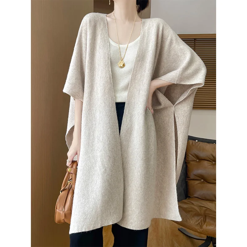 Wool Loose Medium Long Cardigan Women's Autumn Winter French Fashion Solid Color Australian wool Merino Knitted Cloak Top