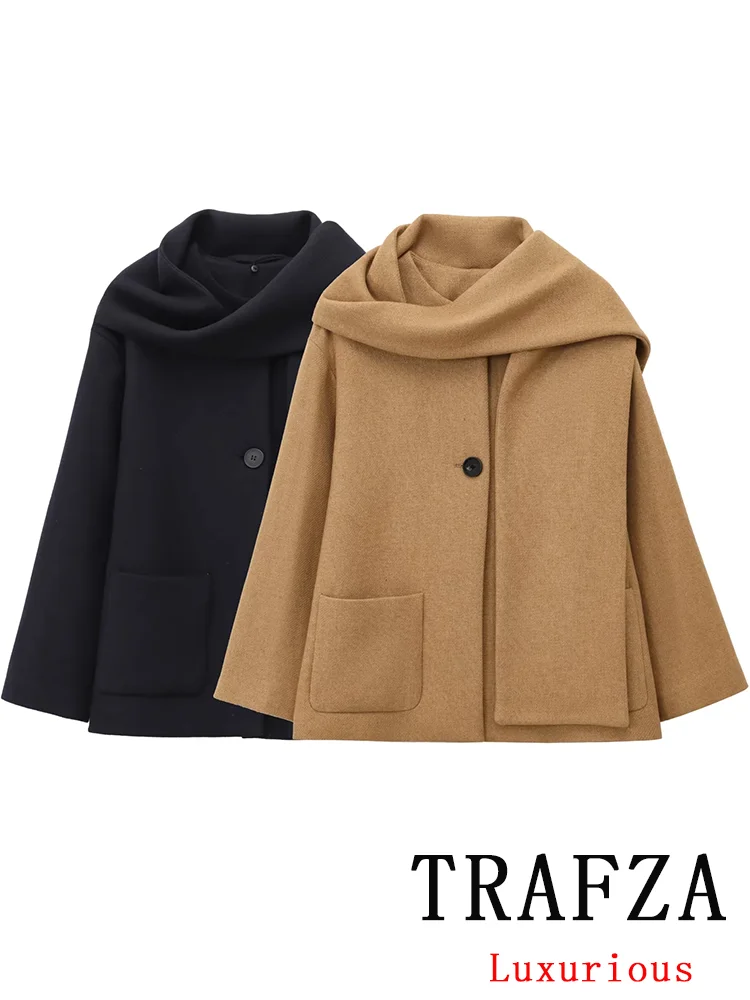 

TRAFZA Vintage Casual Chic Women Jackets Solid Scarf O-Neck Long Sleeve Coats New Fashion 2025 Autumn Winter Jacket Outwear
