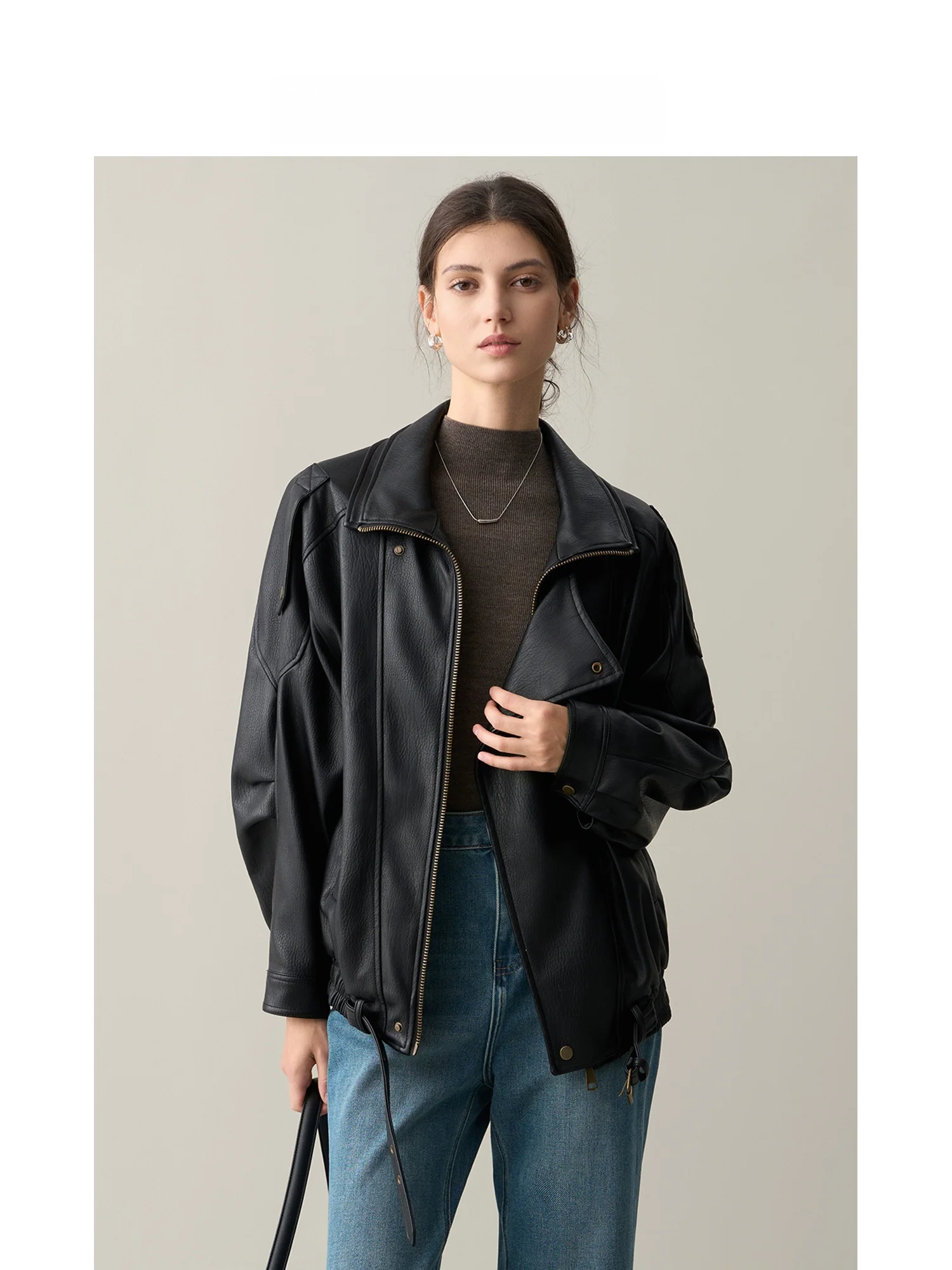 Ruiqia Jieji Modische Umweltfreundliche Lederjacke mit Doppelkragen und Schrägknopfverschluss, Farbige Retro-Arbeitsjacke für Damen