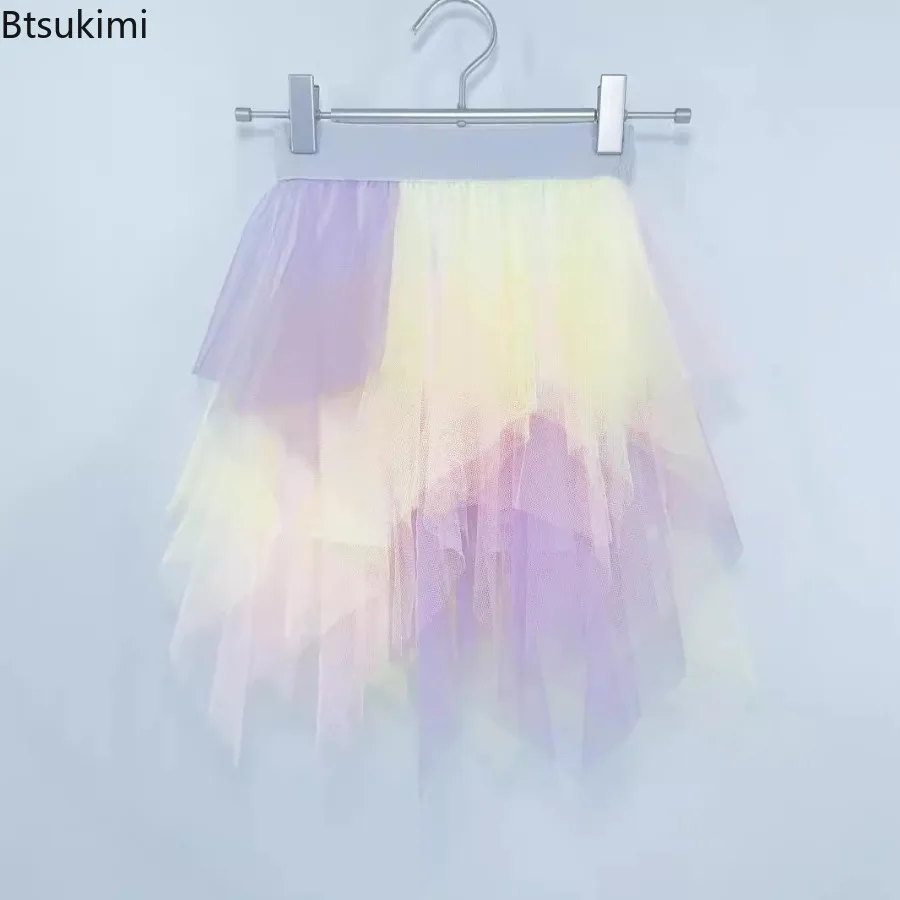 Girls Tutu Layered Tulle Princess Skirts Kids Rainbow Birthday Party Performance Irregular Dance Skirts Parent-child Gauze Skirt