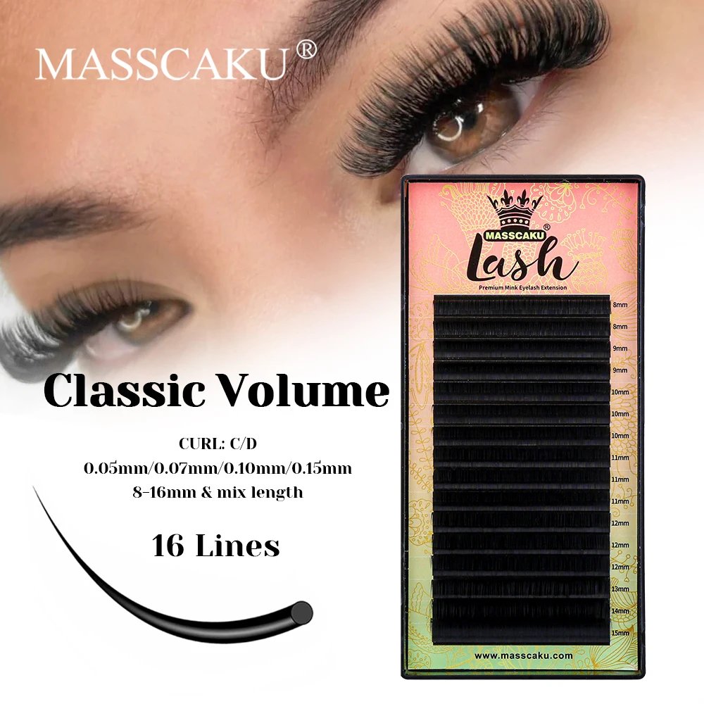 

Hot Selling MASSCAKU Matte Deep Black Synthetic Mink Classic Volume Lashes 8-16mm and Mix Size Wispy Cashmere Regular Lash Trays