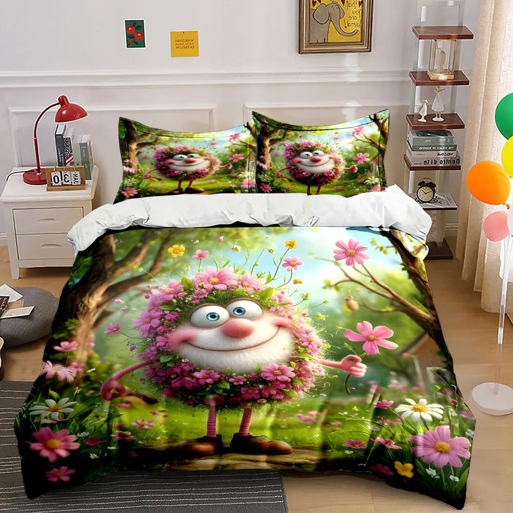 Fluffy Flower Spirit Smiling Stroll Printed Duvet Cover Set1 Duvet Cover+2 PillowcaseMulti Size Bedroom Bedding Decor