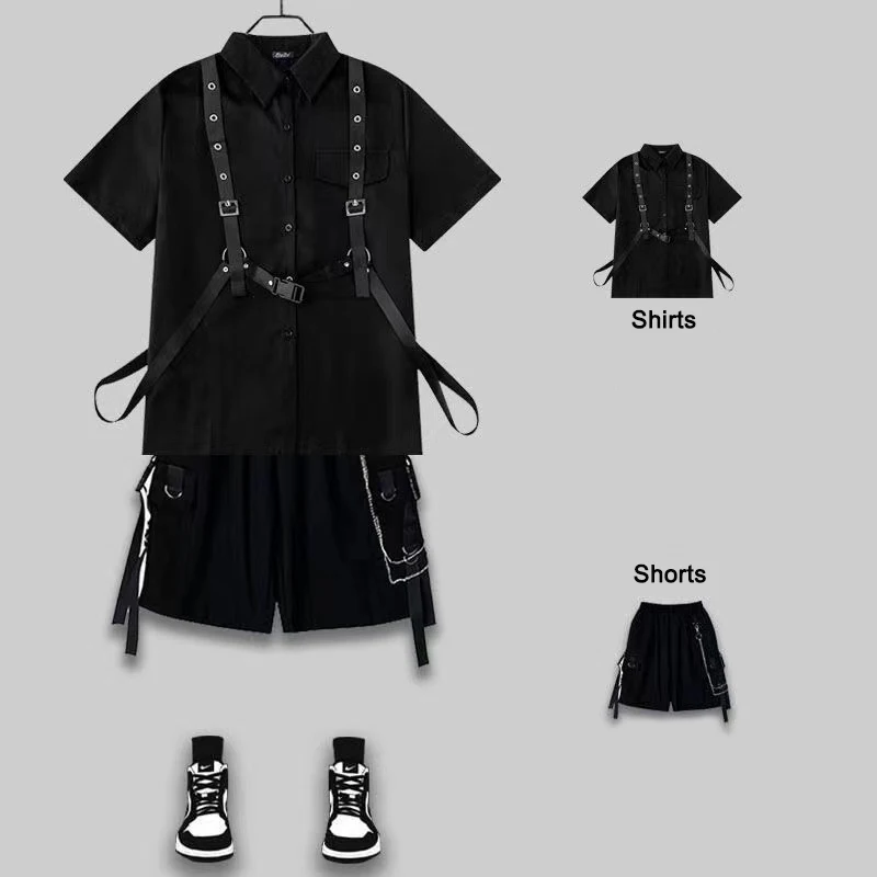 ARENS Techwear Men's Sets Punk Black Cargo Shorts Men's Shirt Kit Short Sleeve Shirts Korean Streetwear Hip Hop Harajuku Summer