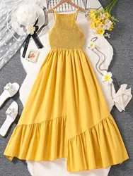 2024 Summer New Arrival Girls Sleeveless Ruffles Ruched Yellow Cute Dress Infantil Menina Cute Party Dress Custume 8-12T