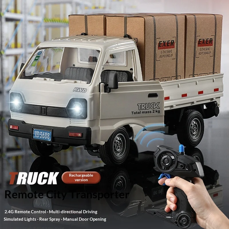 RC Truck 1:16 Scale Simulated City Transport Truck Spray Light Manual Open Door 2.4G Remote Control Rechargeable Kids Toy