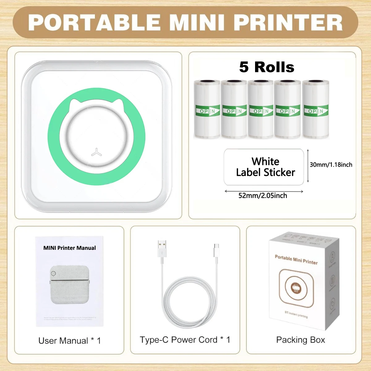 

Multifunctional Portable Mini Printer Set, Optional with Thermal Paper, Self-Adhesive Stickers, Color Labels for Text, Notes