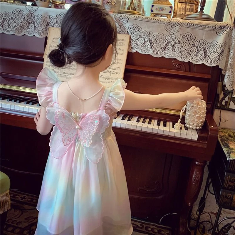 1-8 Years Cute Girls Princess Dress Summer New Gradient Rainbow Bow Decoration Sip Dress For Kids Party Prom Gown