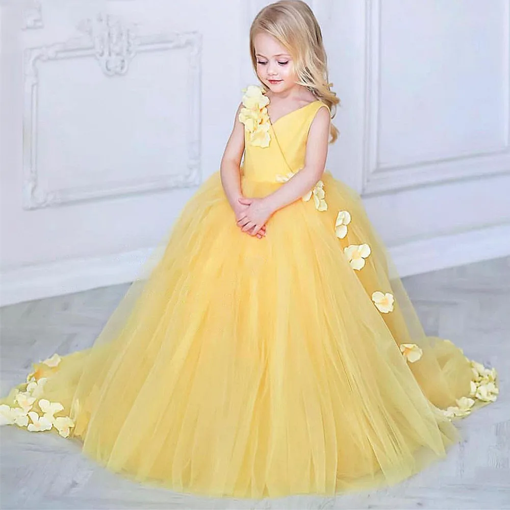 

Yellow Lace Flower Girl Dress for Wedding Kids Children First Communion Ball Gowns Party Pageant Wear for Girl